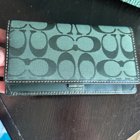 Coach Handbags - Vintage Coach Checkbook Cover Signature C's W Leather Accent Rare  Green Color